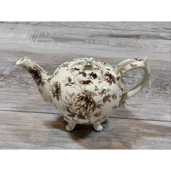 Brown Toile Collection Fine Porcelain Teapot Sugar Bowl and Creamer 3pc - Picture 2 of 14